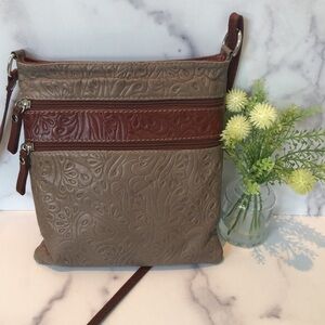Genuine Leather Made in Italy Crossbody Bag With Embossed Detail Mocha Brown